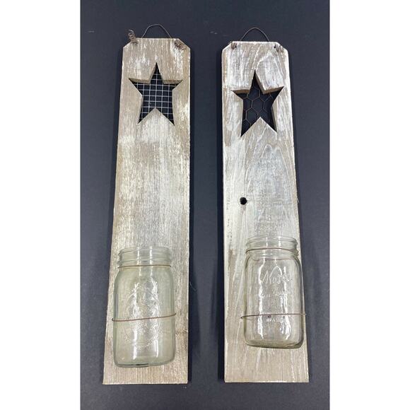 Set of Large 26" Wood farmhouse Barn Art wall hanging rustic mason jar sconces - Picture 1 of 9